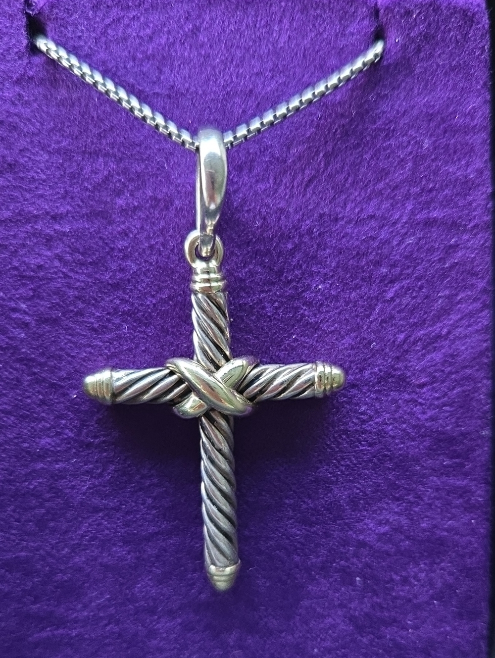 David Yurman Silver Twisted Rope Cross Pendant Necklace